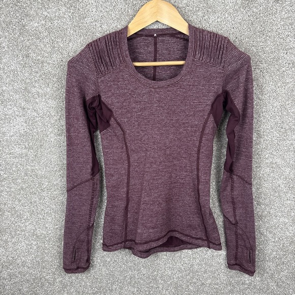 Lululemon Run Swiftly Tech Long Sleeve Maroon Stripe Running Top Womens Size 4 - Picture 2 of 8